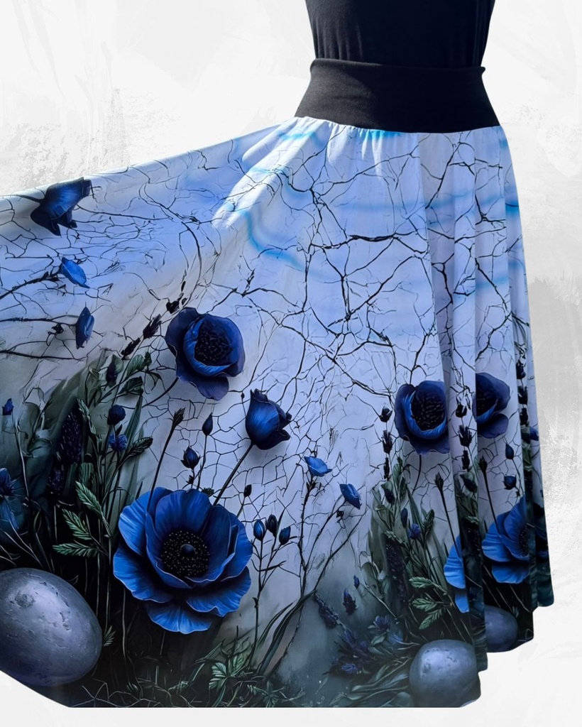 Dámská dlouhá kolová úpletová sukně,modré květy na bílé